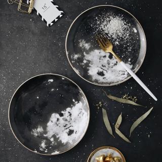 【Wo Home】北歐風黑色金邊創意星球盤(餐廳/月球/星球/金邊/造型/甜點)