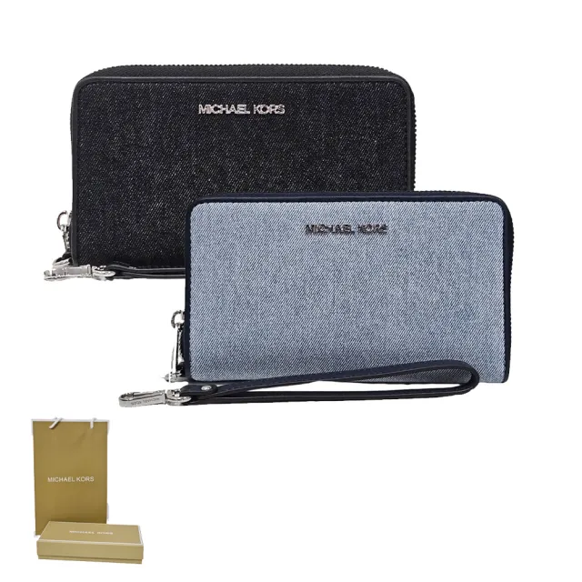 【Michael Kors】MK銀字LOGO牛仔8卡拉鍊手拿長夾(贈原廠紙袋紙盒送禮)