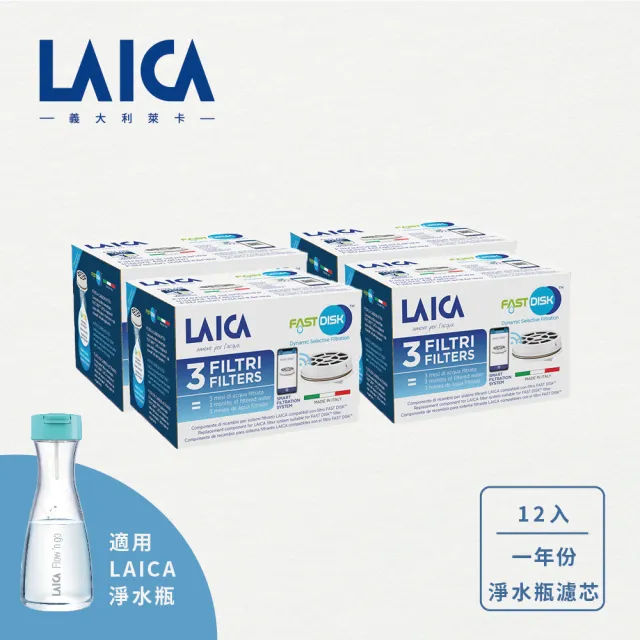 【LAICA 萊卡】1.0L輕巧便攜型淨水瓶濾芯(1年份濾芯組合 共12芯)