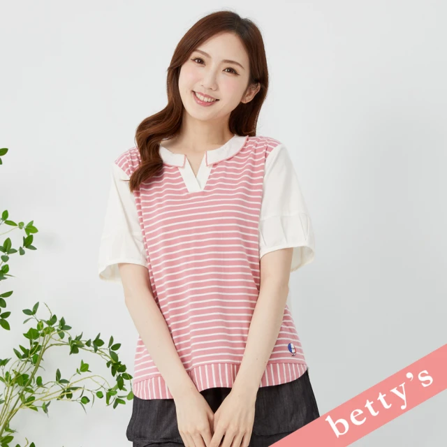 betty’s 貝蒂思 條紋澎袖拼接小翻領上衣(粉色)