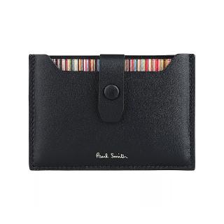 【Paul Smith】PAUL SMITH燙印金色字LOGO小牛皮設計2卡按釦抽拉式卡夾(黑)