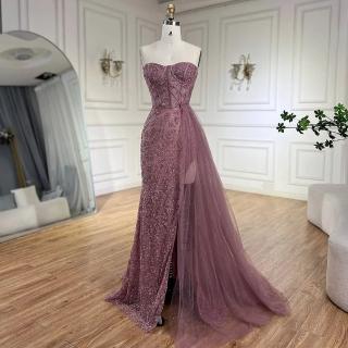 【女神婚紗禮服】輕奢幾何亮片心領馬甲開衩罩紗小魚尾晚禮服LA72610香芋粉(晚會表演主持人 拉鍊款晚禮服)