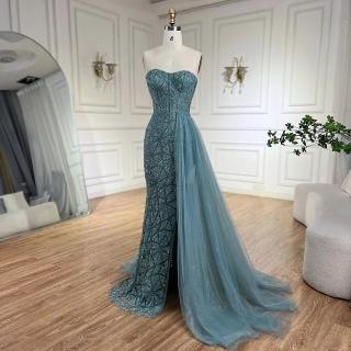 【女神婚紗禮服】輕奢幾何亮片心領馬甲開衩罩紗小魚尾晚禮服LA72610森林綠(晚會表演主持人 拉鍊款晚禮服)