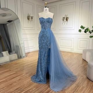 【女神婚紗禮服】輕奢幾何亮片心領馬甲開衩罩紗小魚尾晚禮服LA72610雲霧藍(晚會表演主持人 拉鍊款晚禮服)