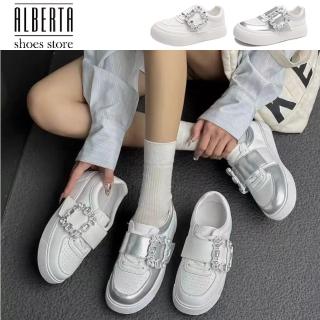 【Alberta】前高2cm 後跟3cm 全牛皮製 時尚運動休閒鞋 透氣 水鑽方釦 魔鬼氈 小白鞋 2色