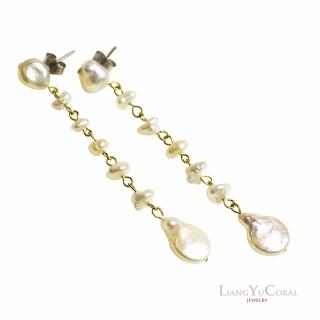 【大東山樑御珊瑚】天然珍珠垂式摩登耳環(圓扁片10mm)