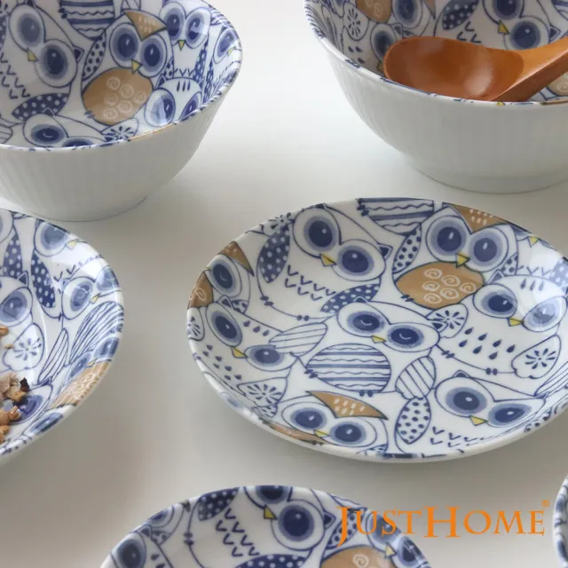 【Just Home】日本製貓頭鷹陶瓷12件碗盤餐具組(日本製 碗 盤 湯盤 餐具)