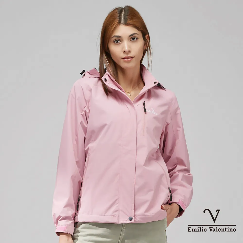 【Emilio Valentino 范倫鐵諾】女款  輕量 防風 防潑水 可拆式 連帽 衝風 風衣 外套_粉色(22-4K8262W)