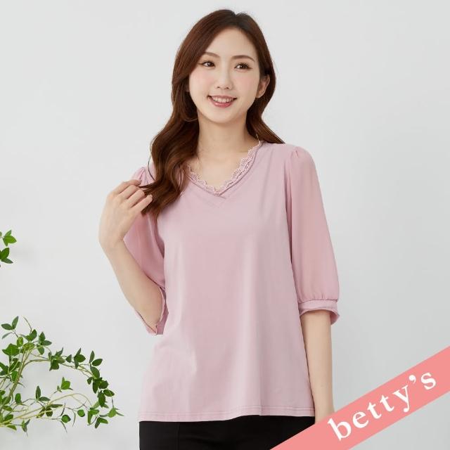 【betty’s 貝蒂思】V領蕾絲雪紡拼接澎袖T-shirt(粉藕色)