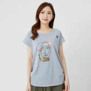 【betty’s 貝蒂思】抽象人臉印花抓皺落肩T-shirt(淺藍)