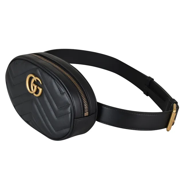 【GUCCI 古馳】經典Marmont系列復古金屬雙G牛皮愛心車線W字紋拉鍊小型胸掛/腰包(黑)