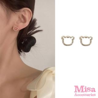 【MISA】韓國設計可愛縷空線條珍珠小熊造型夾式耳環(無耳洞耳環 耳夾 夾式耳環 縷空耳環 珍珠耳環)