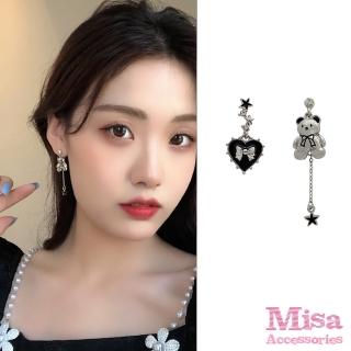 【MISA】韓國設計不對稱金屬可愛小熊愛心造型夾式耳環(無耳洞耳環 耳夾 夾式耳環 不對稱耳環 小熊耳環)