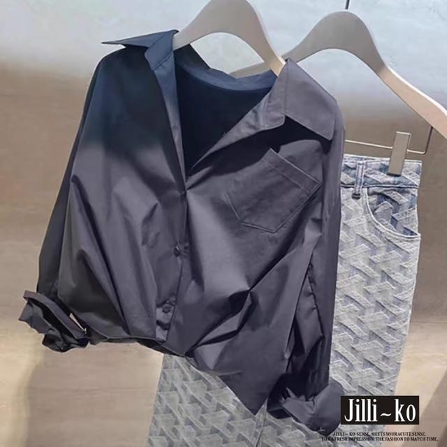 【JILLI-KO】法式露鎖骨簡約百搭短款襯衫-F(白/黑)