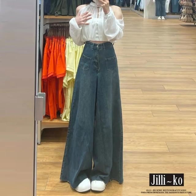 【JILLI-KO】復古喇叭高腰顯瘦闊腿牛仔褲-M/L(藍)