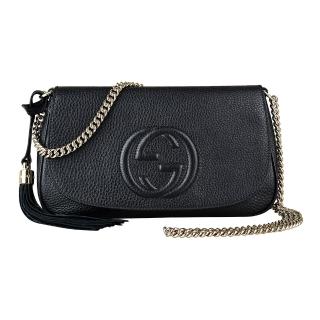 【GUCCI 古馳】GUCCI SOHO經典GG車紋LOGO流蘇設計荔枝紋牛皮鏈帶釦式斜揹包(黑)