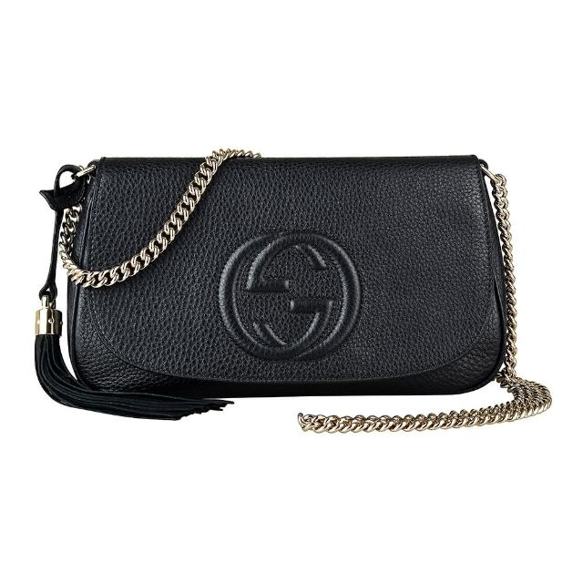 【GUCCI 古馳】GUCCI SOHO經典GG車紋LOGO流蘇設計荔枝紋牛皮鏈帶釦式斜背包(黑)
