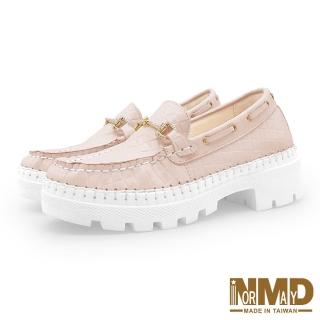 【Normady 諾曼地】女鞋 +6cm 休閒鞋 MIT臺灣製 真皮鞋 馬銜釦菱格磁石厚底內增高氣墊球囊跟鞋(櫻花粉)