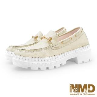 【Normady 諾曼地】女鞋 +6cm 休閒鞋 MIT臺灣製 真皮鞋 馬銜釦菱格磁石厚底內增高氣墊球囊跟鞋(香草杏)