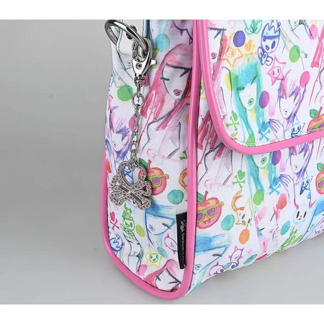 【TOKIDOKI】雙11 TOKIDOKI 透明藍LOGO日系暈染風格圖案尼龍吸釦式斜背包(彩x粉紅)