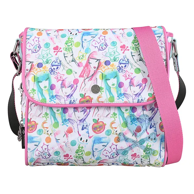 【TOKIDOKI】雙11 TOKIDOKI 透明藍LOGO日系暈染風格圖案尼龍吸釦式斜背包(彩x粉紅)