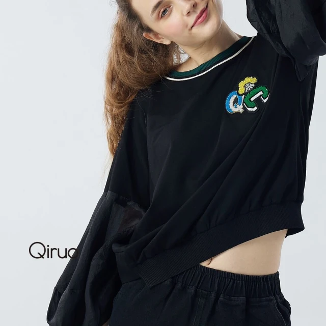 Qiruo 奇若名品 秋冬長袖專櫃黑色上衣2082A時髦澎澎袖風格(M-XL)