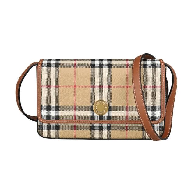 【BURBERRY 巴寶莉】BURBERRY Hampshire金屬圓標LOGO復古格紋印花PVC拼小牛皮吸釦式斜背包(典藏米x褐)