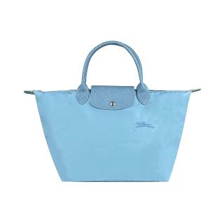 【LONGCHAMP】LONGCHAMP Le Pliage Green系列刺繡LOGO再生尼龍拉鍊手提包(藍綠)