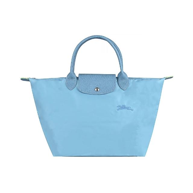 【LONGCHAMP】LONGCHAMP Le Pliage Green系列刺繡LOGO再生尼龍拉鍊手提包(藍綠)