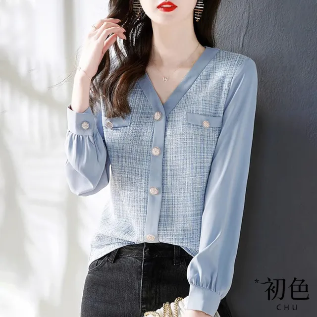 【初色】法式小香風V領長袖雪紡襯衫上衣女上衣-藍色-37847(M-2XL可選)