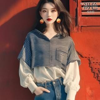 【初色】慵懶風拼接V領條紋口袋假兩件連帽T恤上衣女上衣-黑白條紋-37850(M-3XL可選)
