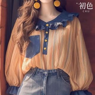 【初色】韓系拼接娃娃領燈籠袖長袖條紋襯衫上衣女上衣-黃色條紋-37844(M-2XL可選)