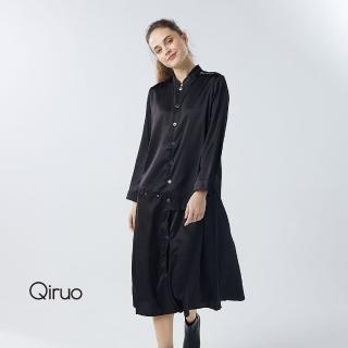 【Qiruo 奇若名品】秋冬專櫃黑色長袖洋裝0411F 復古軟鍛設計(M-XL)