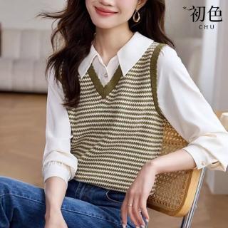 【初色】通勤風拼接條紋撞色寬鬆假兩件POLO領長袖針織衫上衣女上衣-黃綠白條紋-37832(F可選)