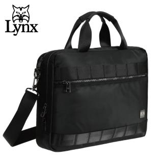 【Lynx】美國山貓輕量防潑水斜紋尼龍布包 多隔層機能 電腦公事包/側揹包/手提(黑色)