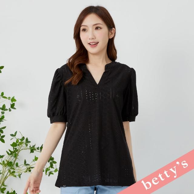 【betty’s 貝蒂思】鏤空蕾絲半開襟立領澎袖T-shirt(黑色)