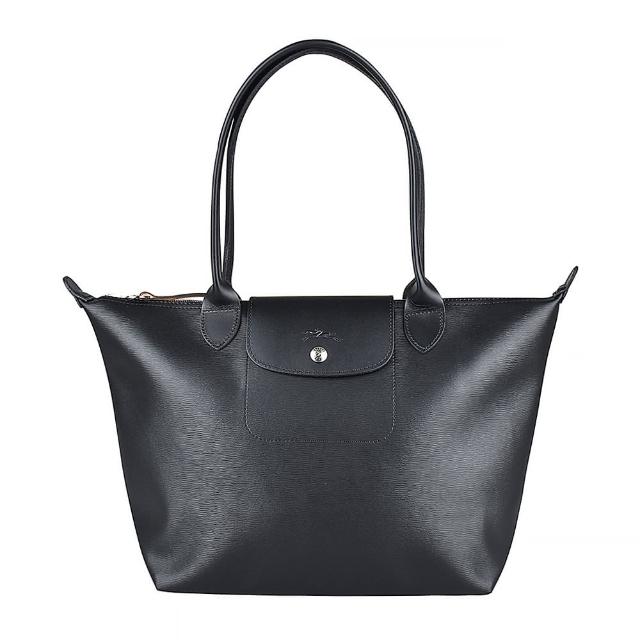 【LONGCHAMP】LONGCHAMP Le Pliage City金屬銀釦LOGO PVC拉鍊手提/肩背托特包(小/黑)