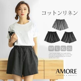 【Amore】 韓版透氣寬鬆棉麻格紋短褲(春夏穿搭必備短褲)