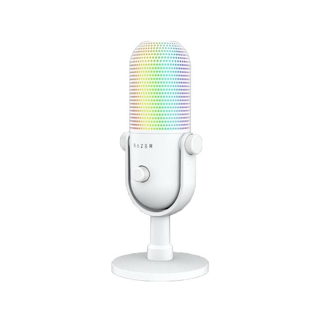 Razer 雷蛇 Seiren V3 Chroma 專業電容麥克風，支援 RGB 燈效與有線 USB 連線，適合直播、錄音與遊戲應用。其他規格設計，無特定認證，適用於各種裝置，提供優異音質與 1 年保固，完美配件選擇。