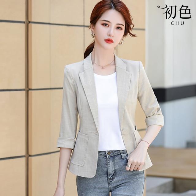 【初色】素色薄款修身西裝領七分長袖西裝外套女外套-共4色-36841(M-3XL可選)