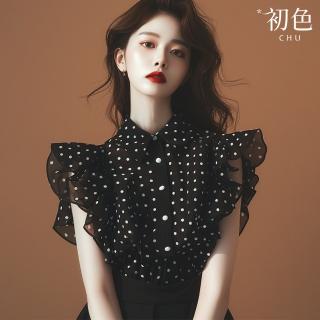 【初色】法式波點印花休閒顯瘦翻領荷葉邊無袖雪紡衫襯衫上衣女上衣-黑色-37715(M-XL可選)