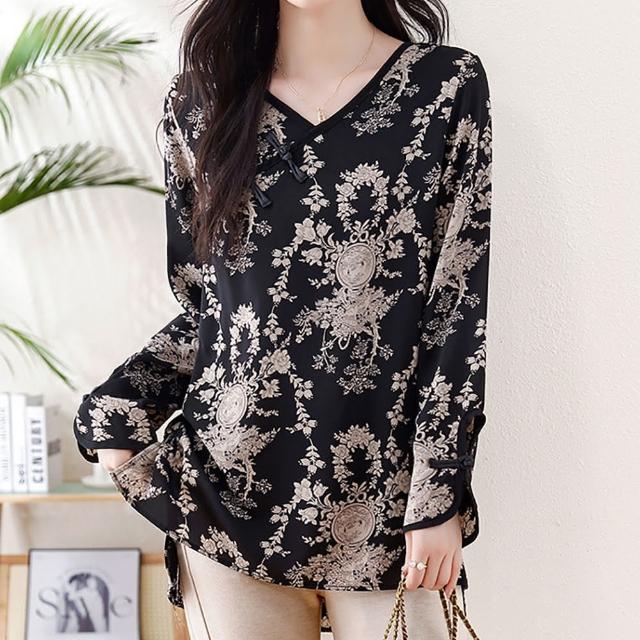 【麗質達人】5217黑色印花長版上衣-LY(L-5XL)