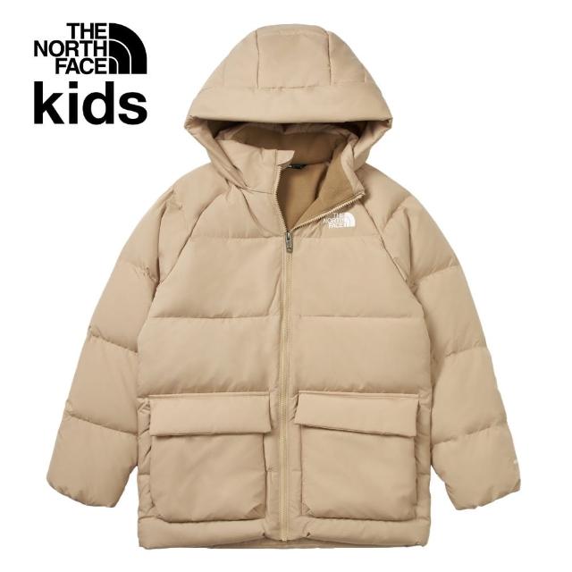 【The North Face 官方旗艦】北面兒童卡其色DWR防潑水保暖連帽羽絨外套｜88UWLK5(600蓬鬆度)