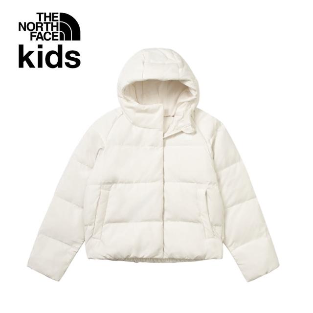 【The North Face】北面兒童米白色DWR防潑水保暖連帽羽絨外套｜88UDQLI(600蓬鬆度)