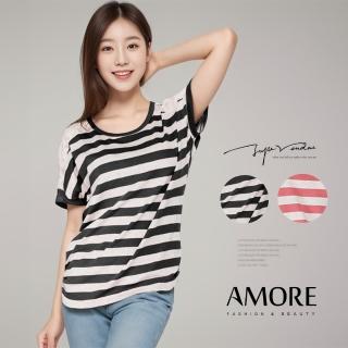 【Amore】 韓版夏日甜美橫條簍空蕾絲寬鬆上衣(夏日甜美四色)