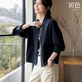 【初色】簡約純色半立領插肩袖長袖寬鬆棒球服短夾克棒球外套-藏青色-33377(M-2XL可選)