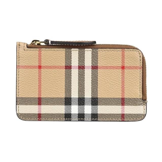 【BURBERRY 巴寶莉】BURBERRY Somerset復古格紋印花PVC 3卡拉鏈零錢包(典藏米x棕)