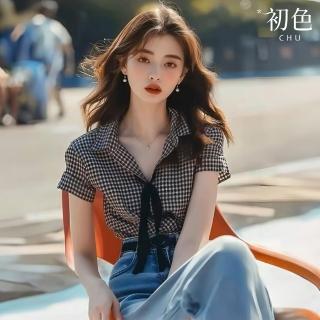 【初色】韓版顯瘦氣質格紋西裝領飄帶短袖襯衫上衣女上衣-黑白格紋-37779(M-XL可選)