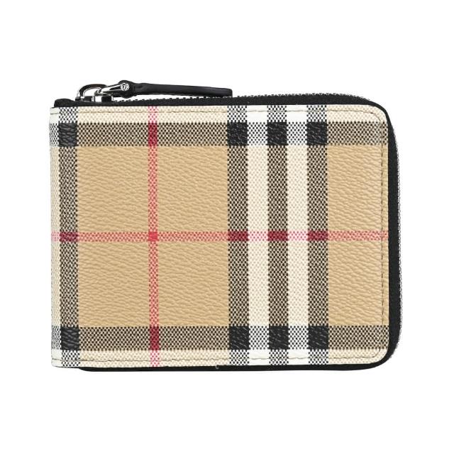 【BURBERRY 巴寶莉】BURBERRY MS Daniels復古格紋印花PVC 3卡拉鍊短夾(典藏米x黑)