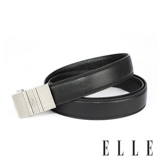 【ELLE HOMME】品牌自動扣皮帶-黑-格紋底雙直線大E(白金/金色)